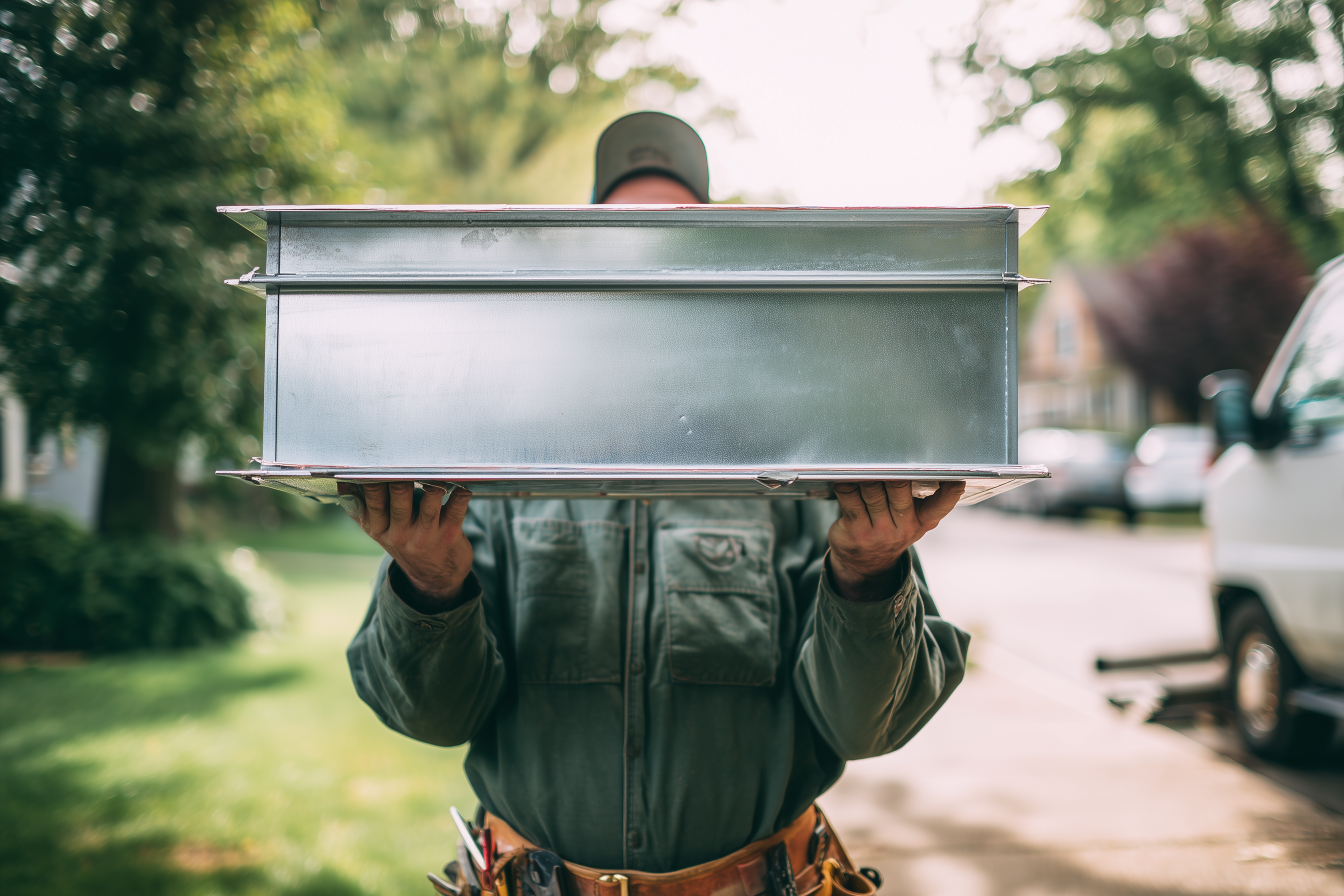 Technician carrying a section of custom ductwork