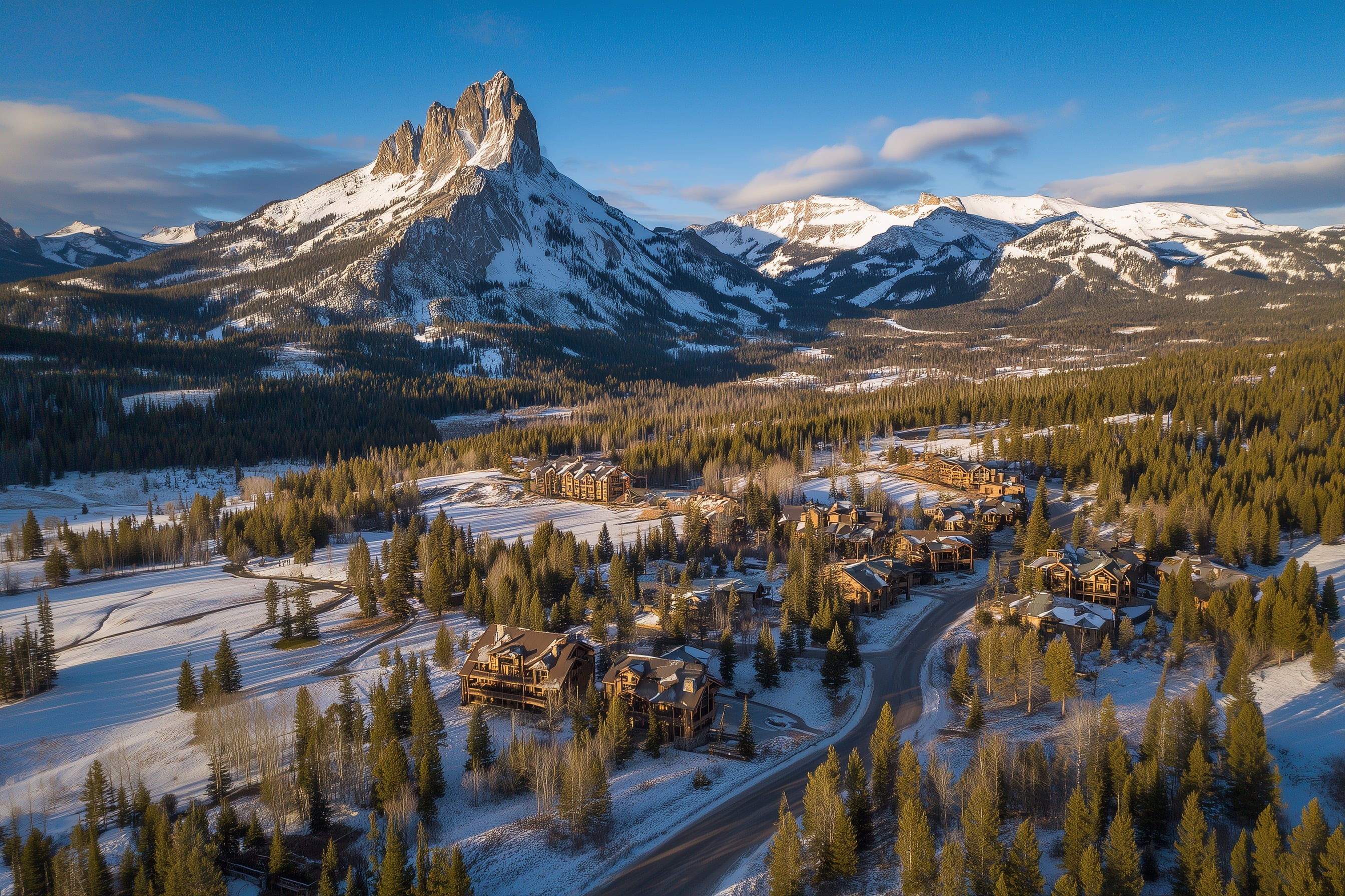 Aerial view of Big Sky, Montana, a mountain resort town below a snow-capped peak in early winter light.