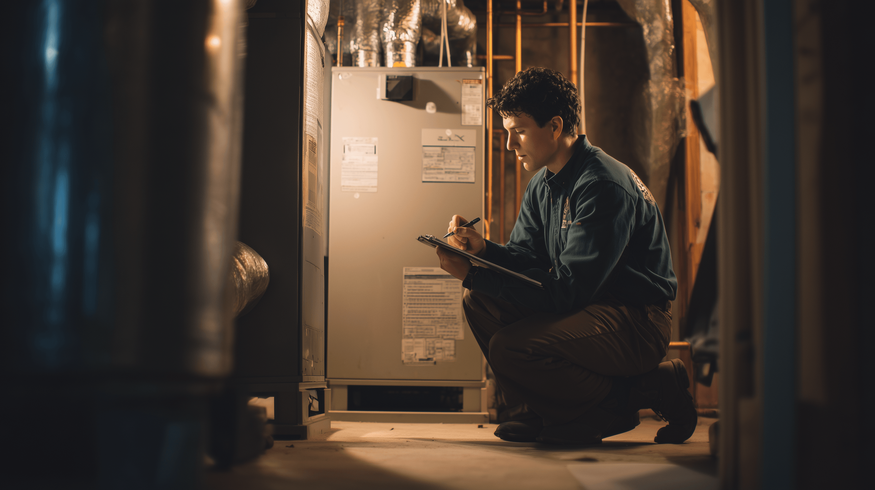 Western Sky technician performing seasonal HVAC maintenance on a residential furnace in a Montana basement