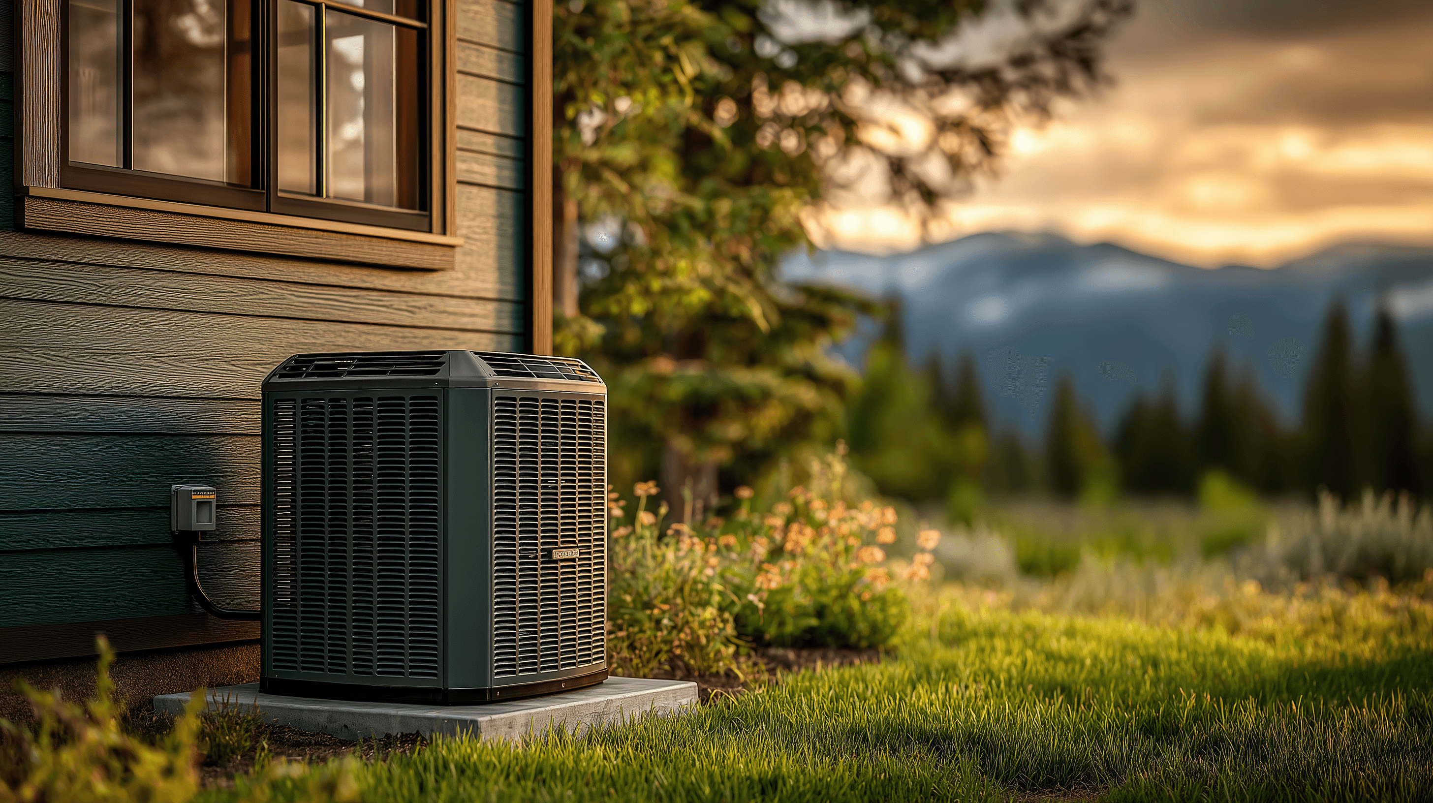 Residential outdoor central air conditioning condenser at a Montana home with mountain range backdrop