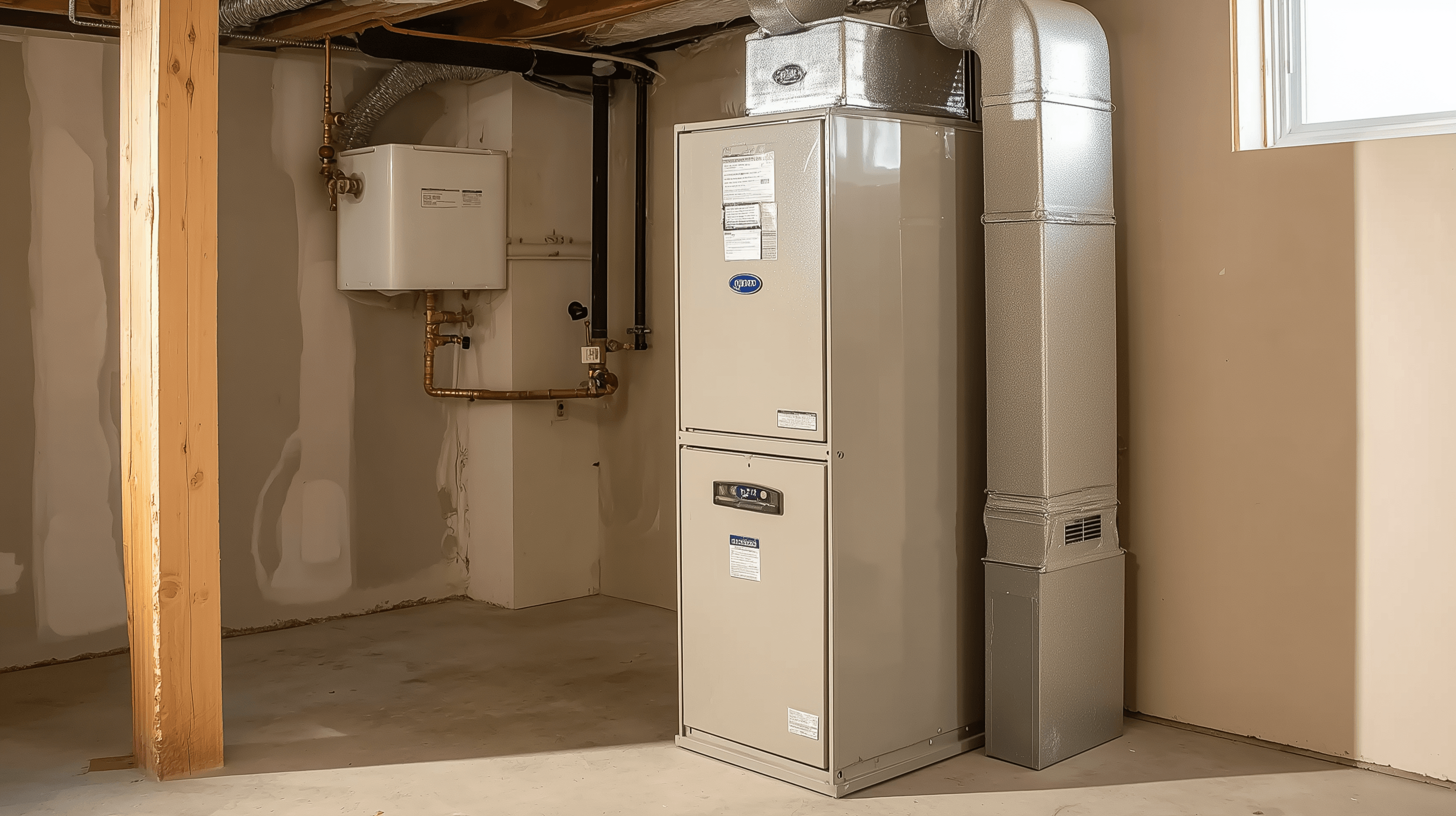 High-efficiency gas furnace installed in a Montana home basement utility room