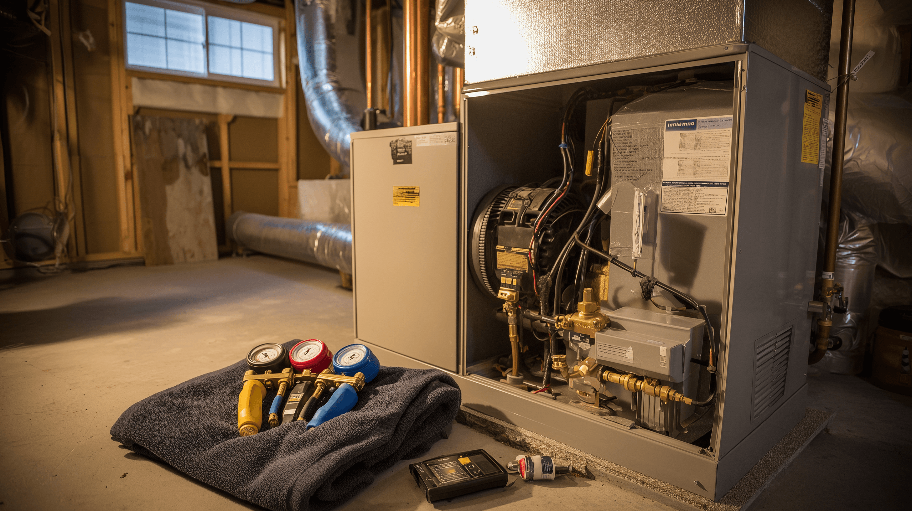 HVAC service tools laid out on a folded blanket beside a residential furnace mid-tune-up in a Montana home